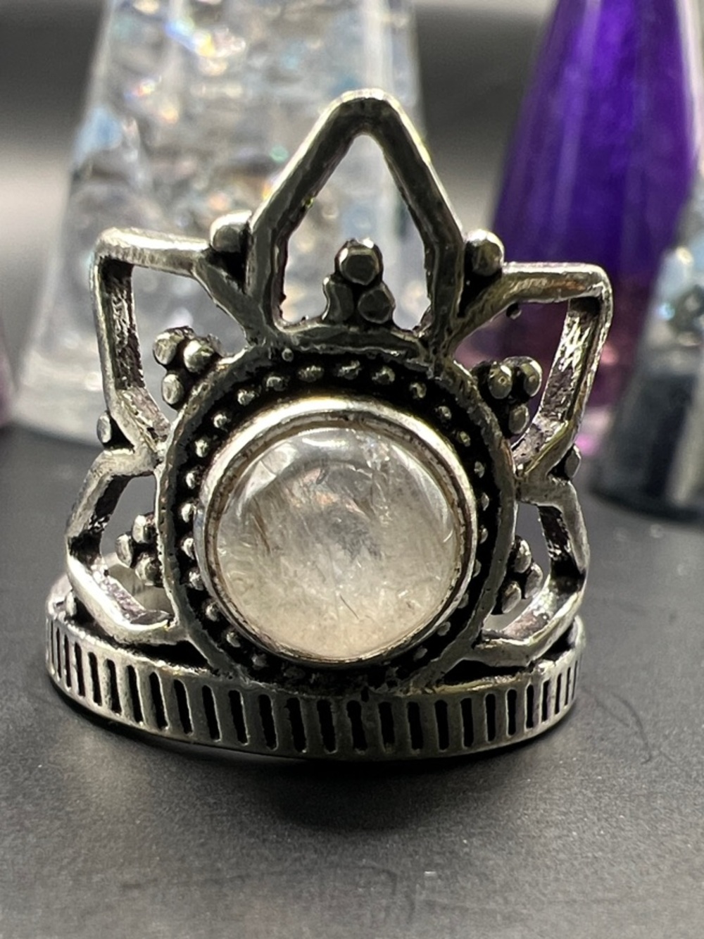 Silver Lotus Crown Ring with Clear Moonstone Size 8